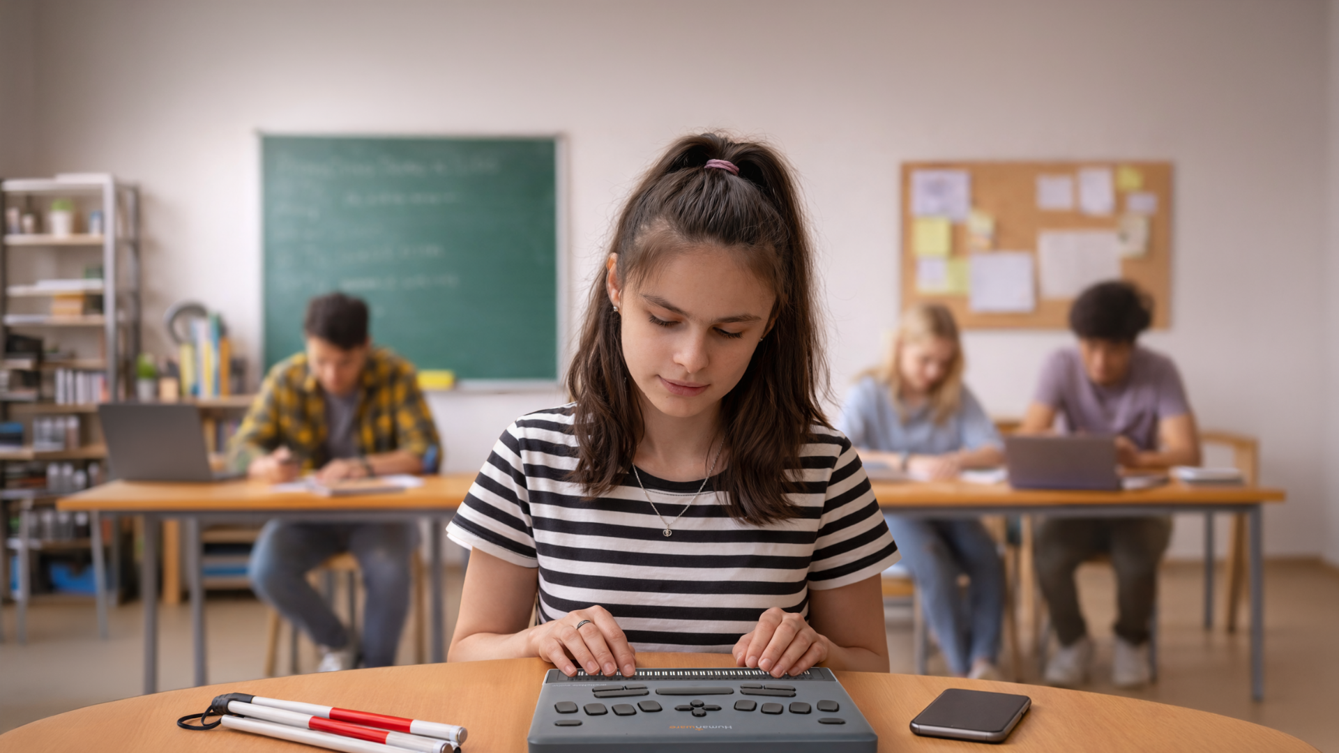 Young student using braille notetaker in a classroom.