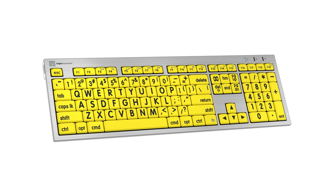 Left angle of LogicKeyboard ALBA LargePrint Black on Yellow Keyboard.