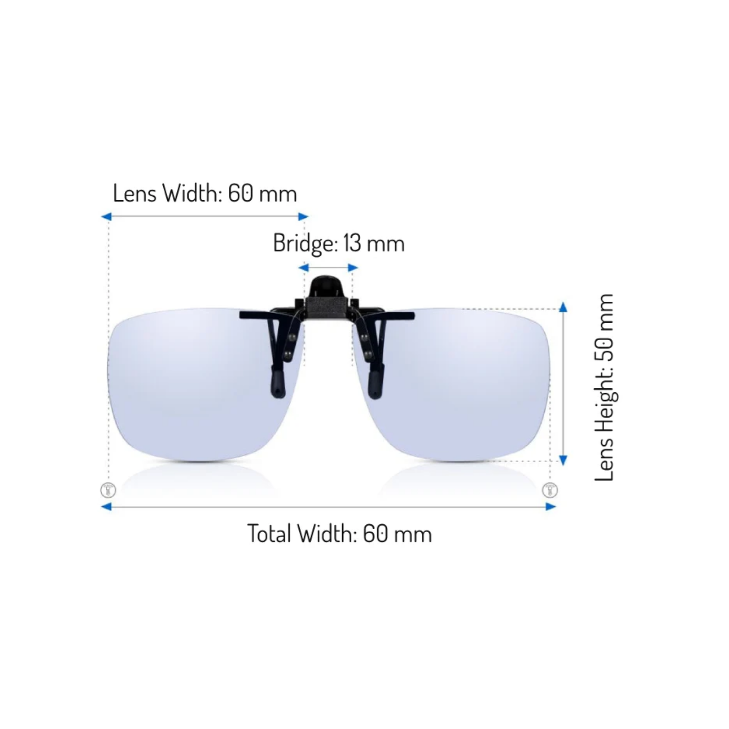 Graphic showing key measurements of the Acunis clip-ons.