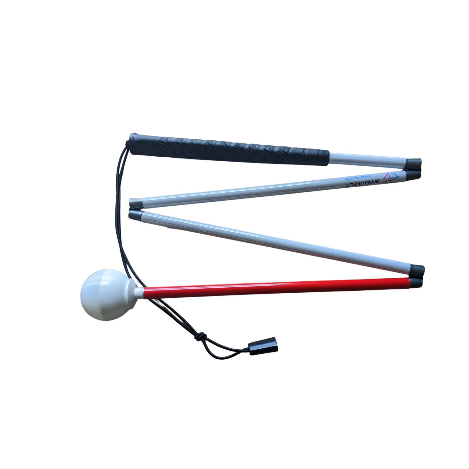 White folding Aluminum mobility cane with a white high mileage roller ball tip