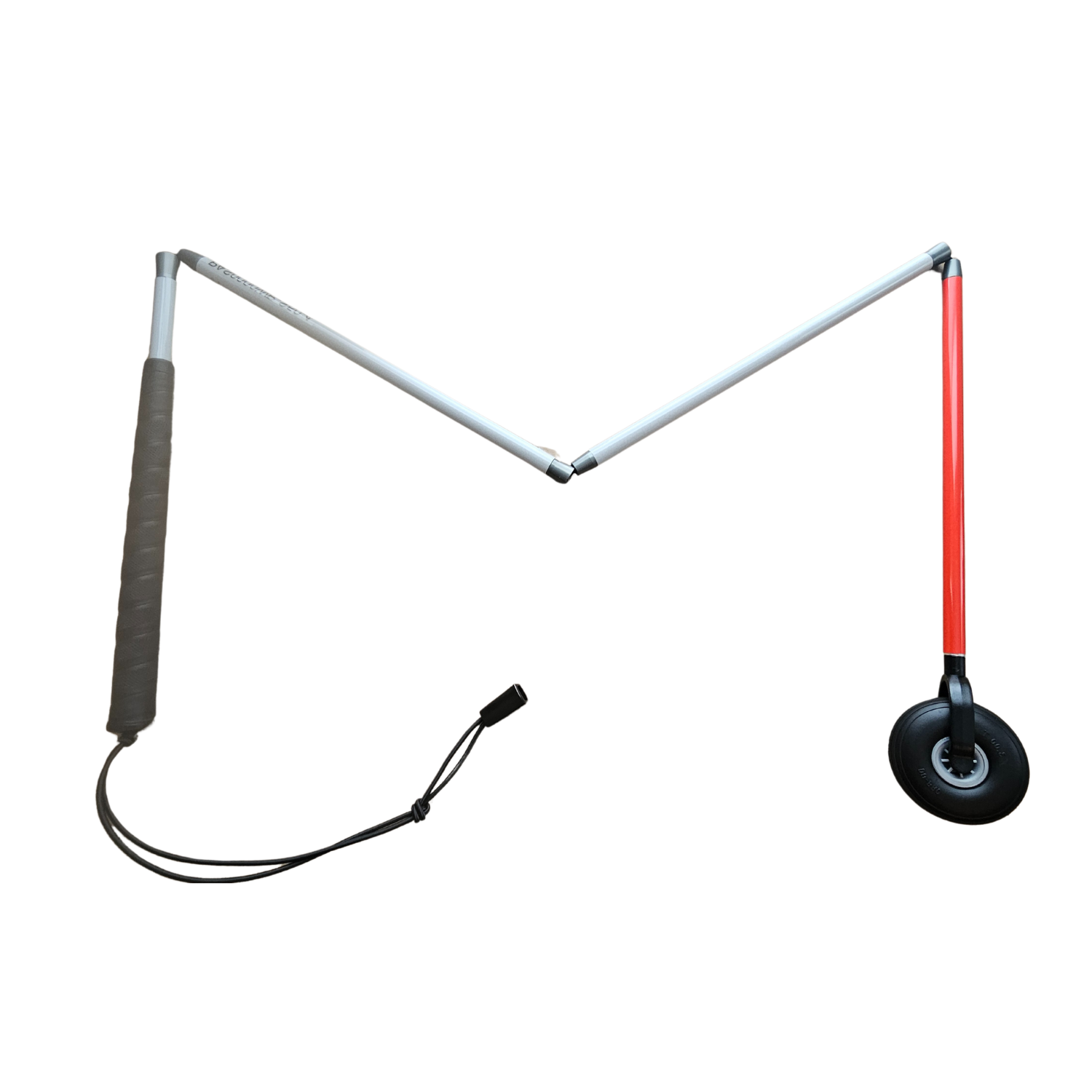 Aluminum mobility cane with rover free wheeling tip.