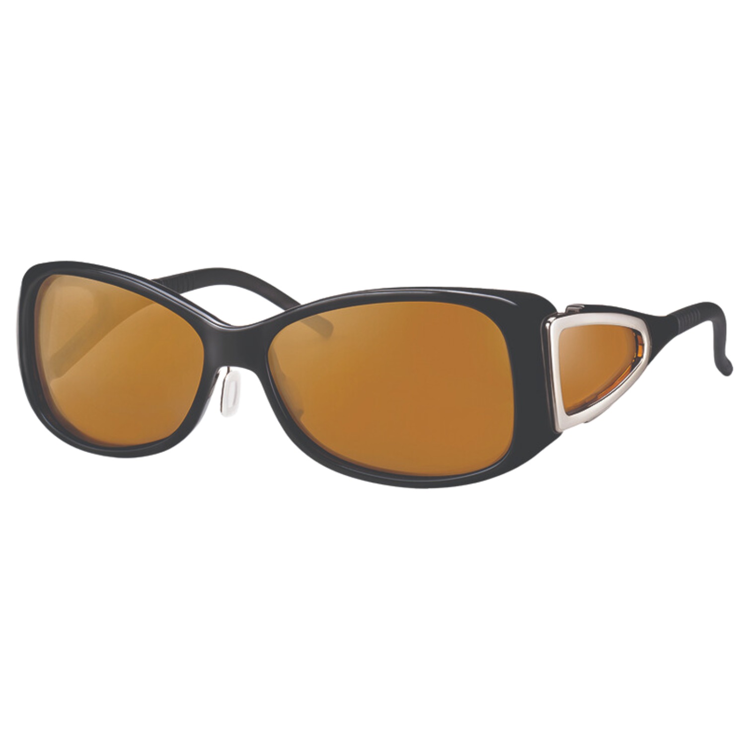 Ambelis Blue Light Glasses with small womens black frames and amber tint.