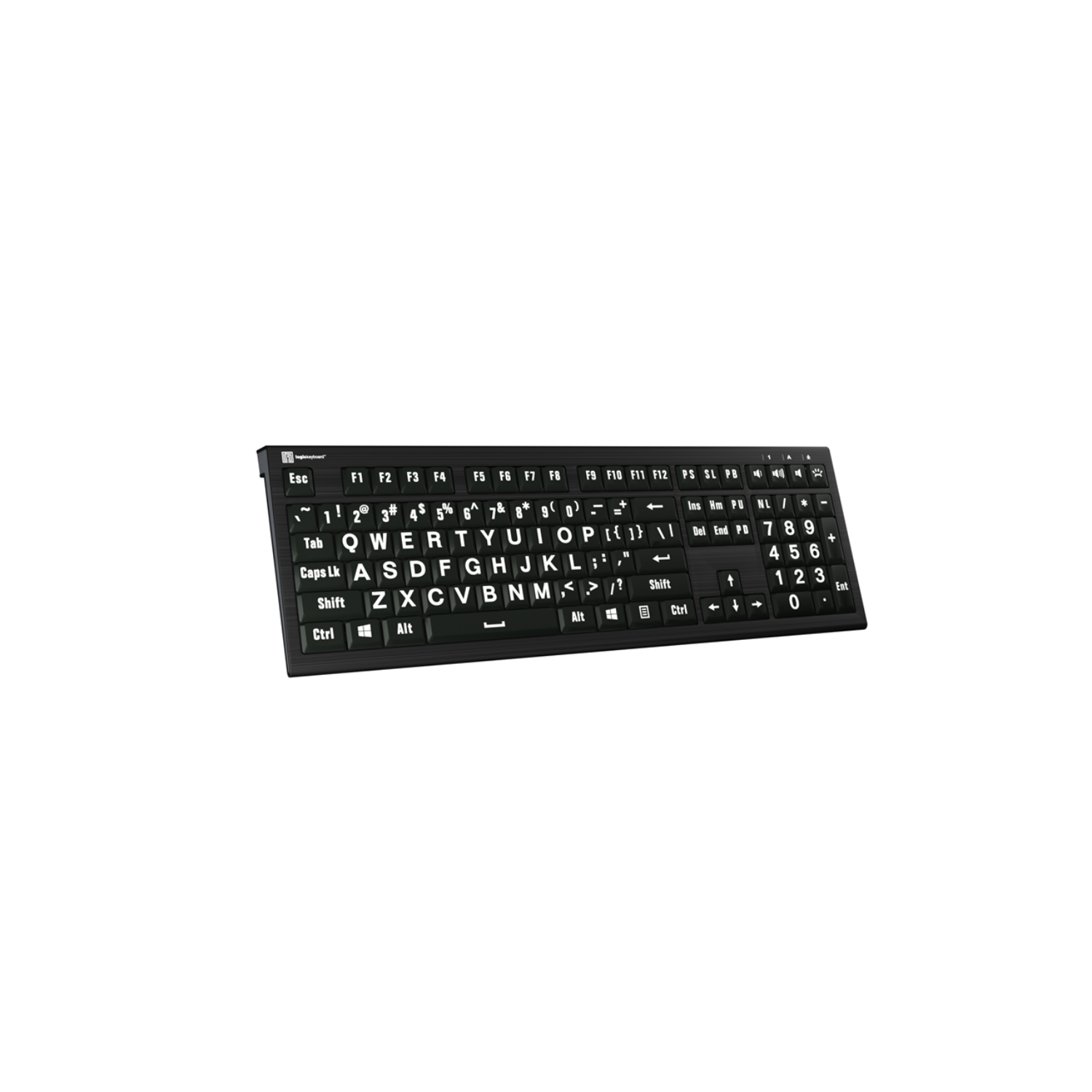 Left side of the Astra 2 largeprint backlit white on black keyboard.