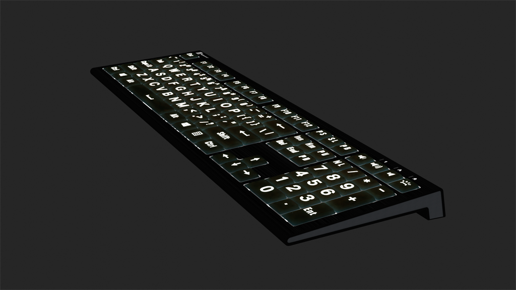 Backlit keys of the Astra 2 largeprint backlit white on black keyboard.