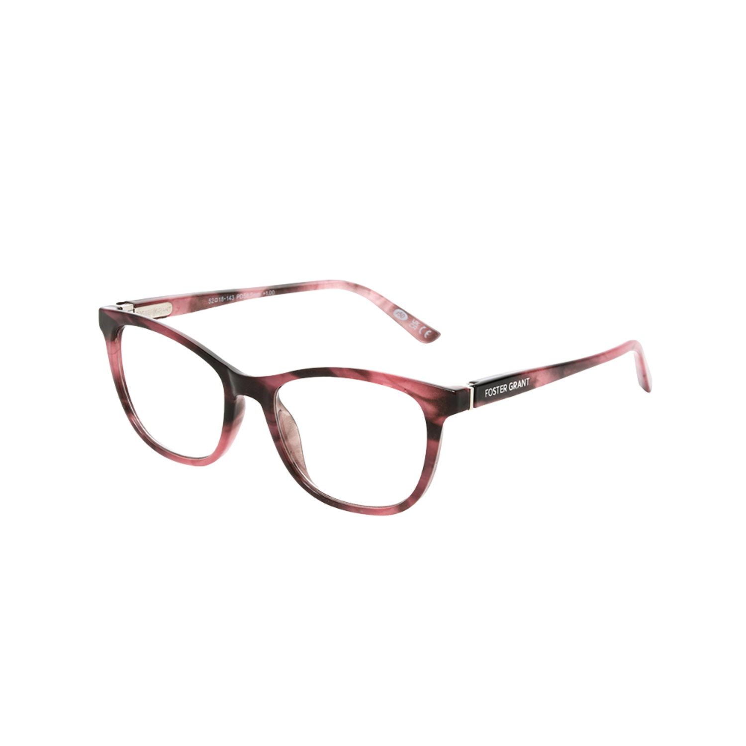 Berry blue light blocking reading glasses with gray frames.