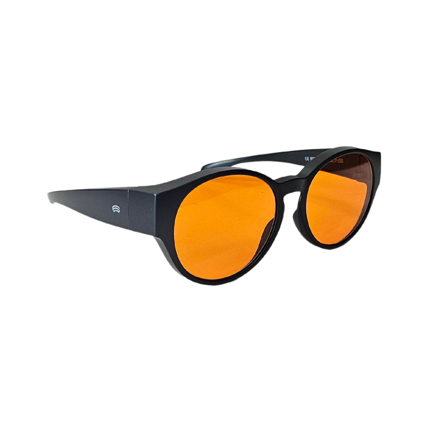 Right side of FC4 blue light blocking glasses with black frames and medium orange lenses.