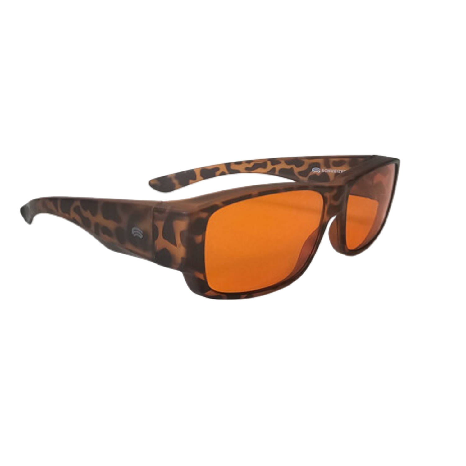 Right side of FC6 blue light glasses with orange lenses and Havana frames.