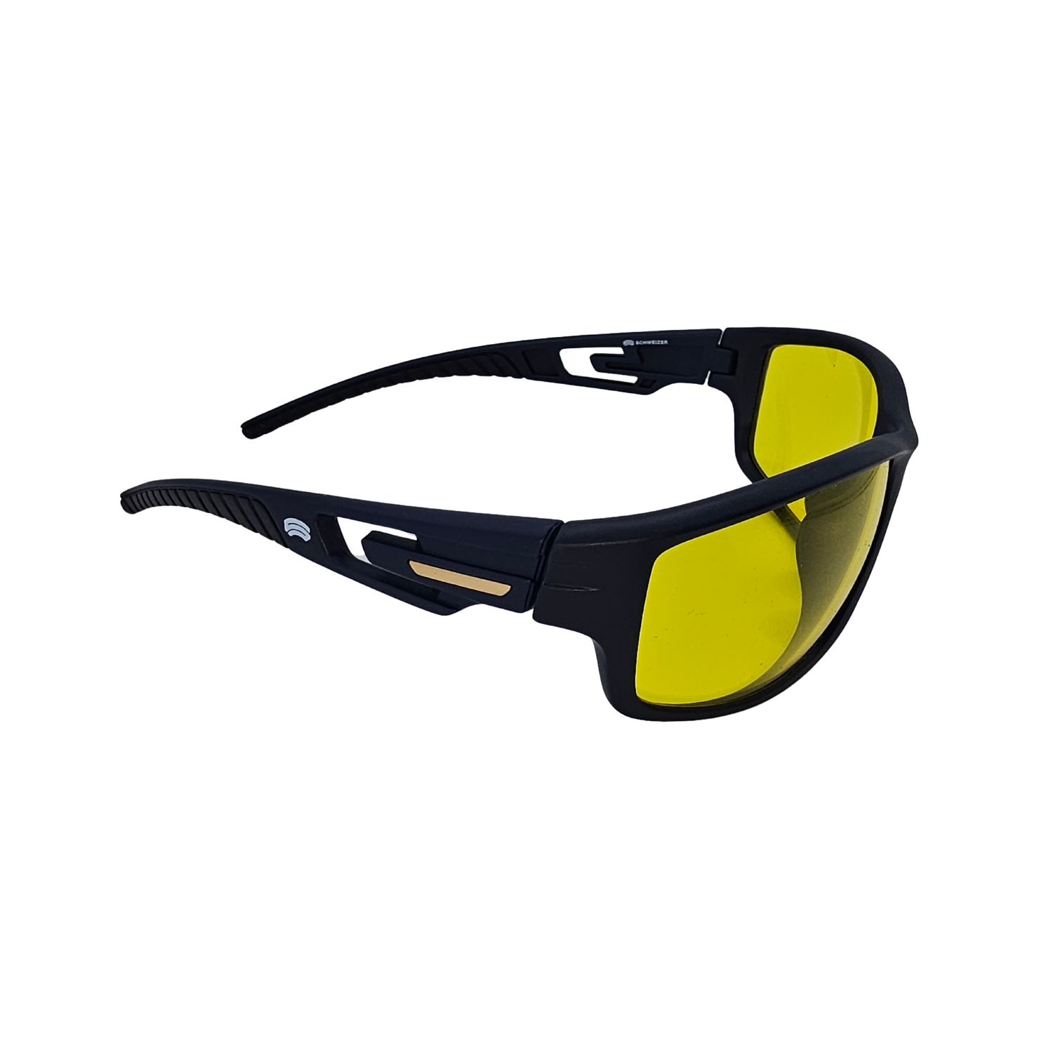 Right side of dark blue Schweizer FS4 blue blocking glasses with medium yellow lenses.