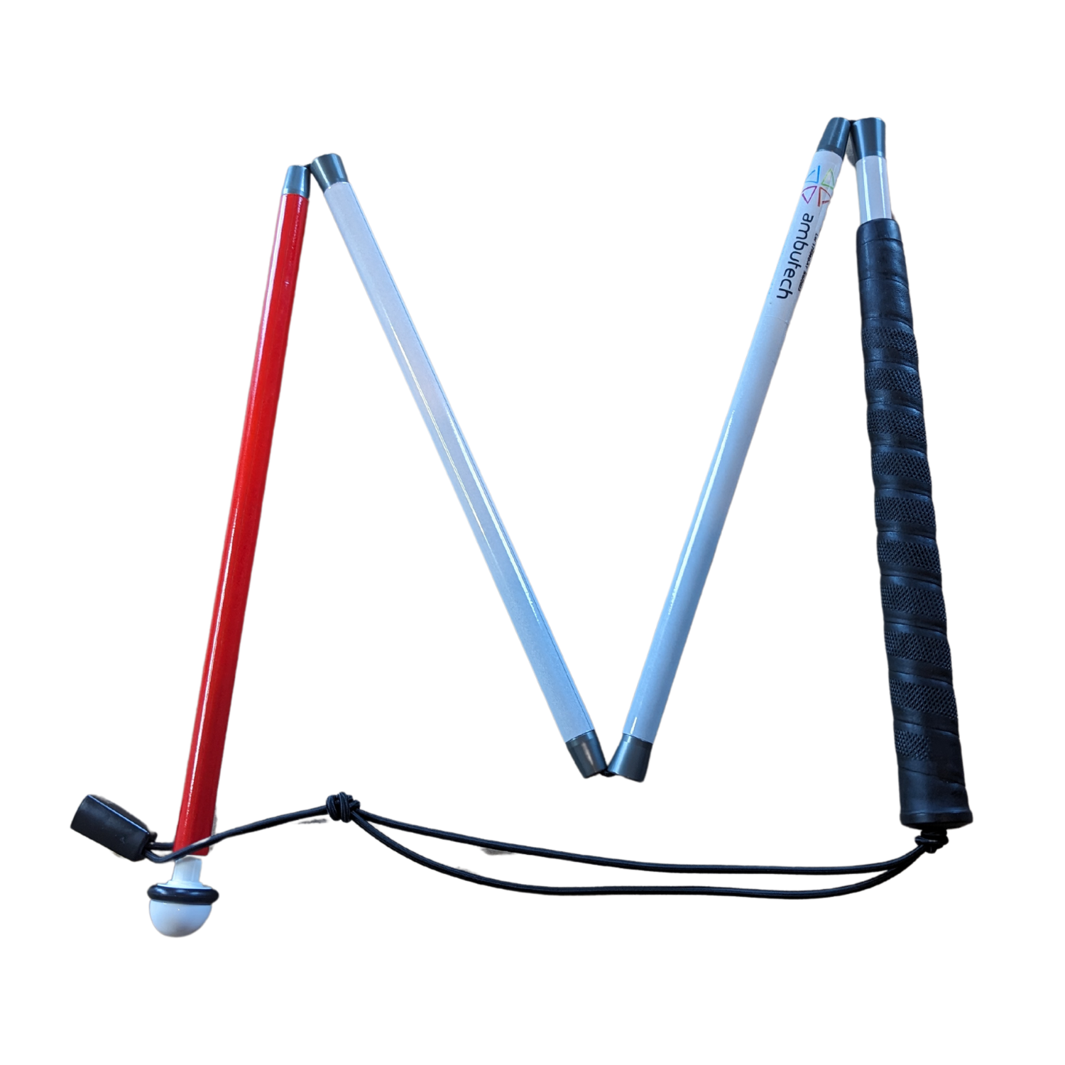 Folding aluminum mobility white cane with a white ceramic tip.