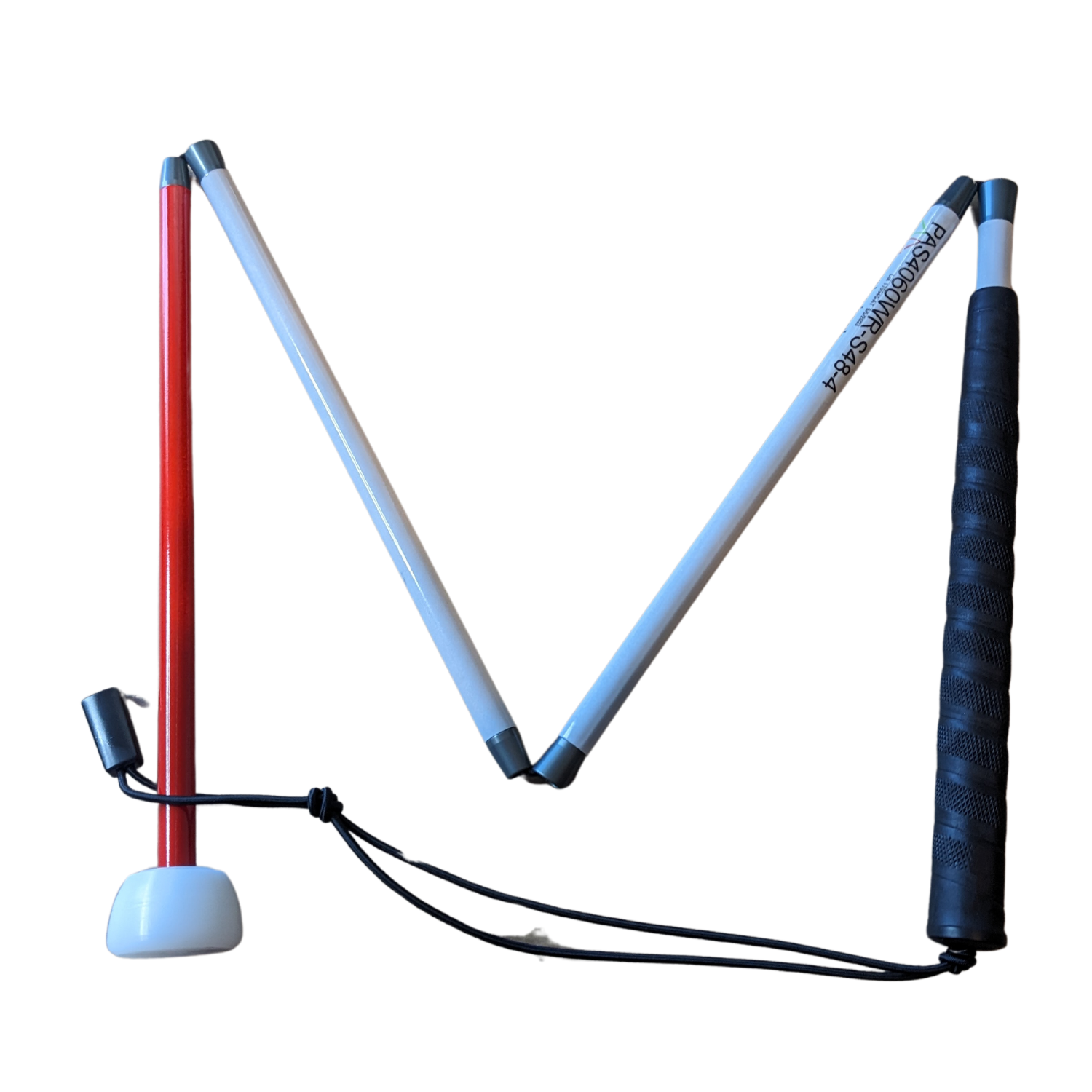 Ambutech's folding aluminum mobility cane with a white flex tip.