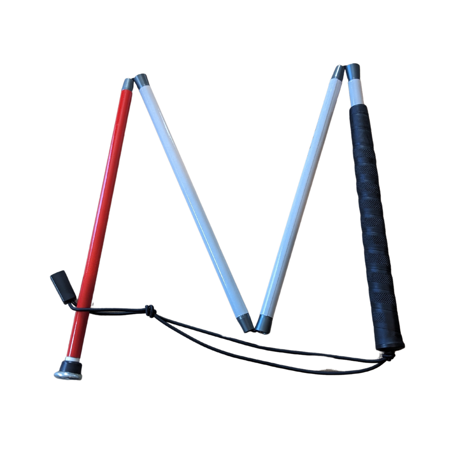 Folding aluminum mobility cane with metal glide disk top.