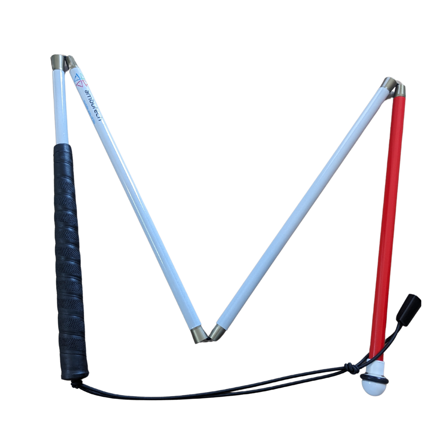 Folding Graphite Mobility Cane with a white ceramic tip.