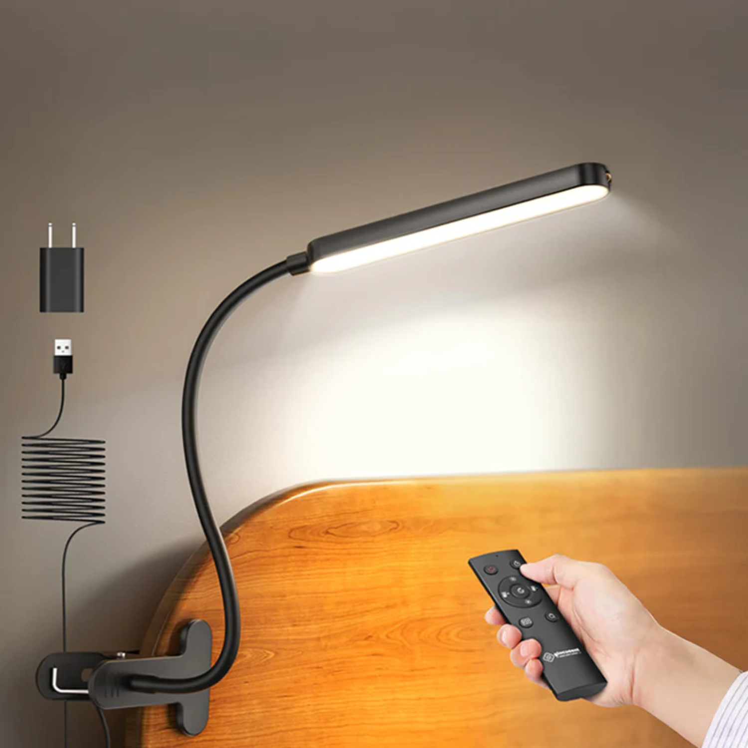 Flexi light on a wooden surface with remote control and power adapter.