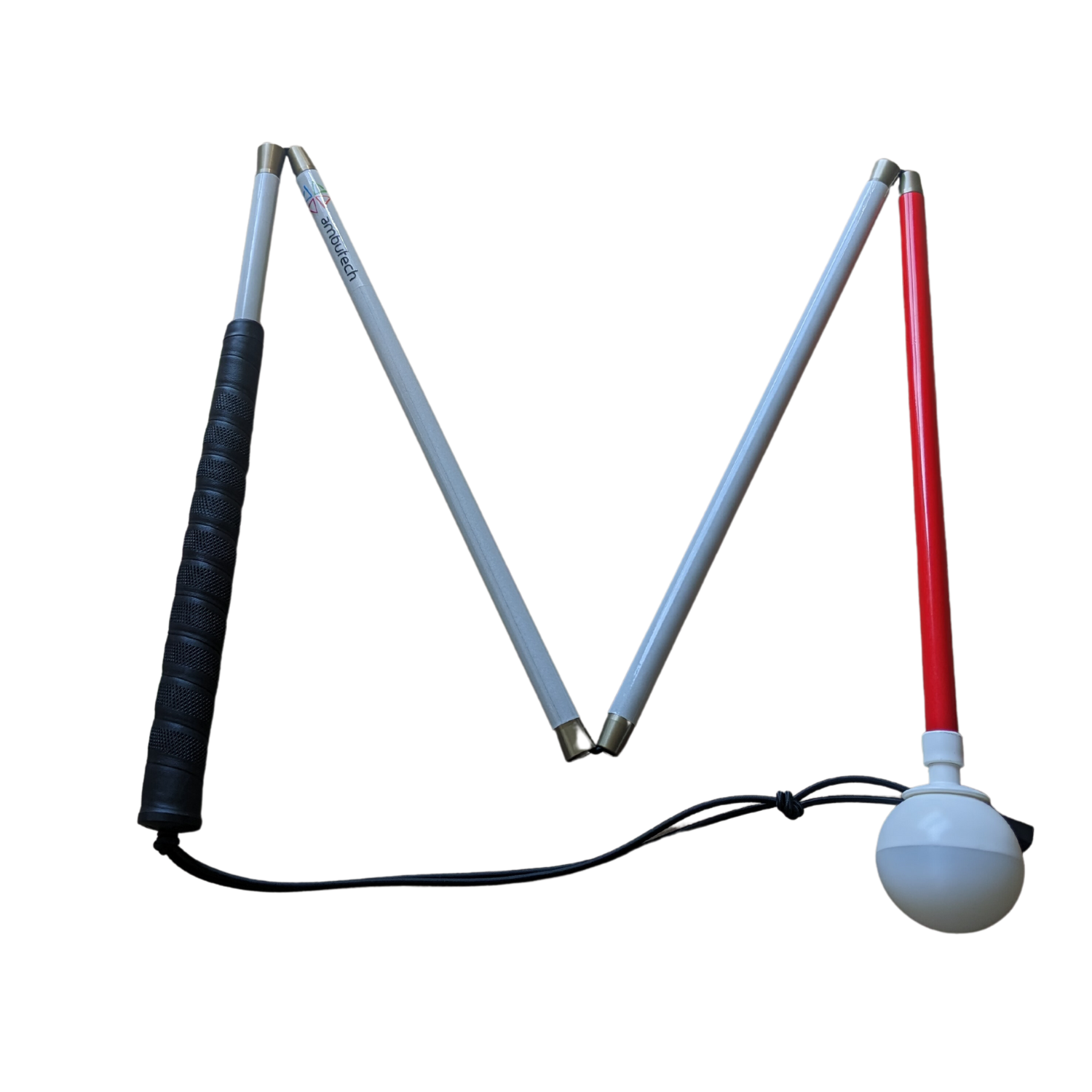 Folding white graphite mobility cane with a white high mileage roller ball tip.