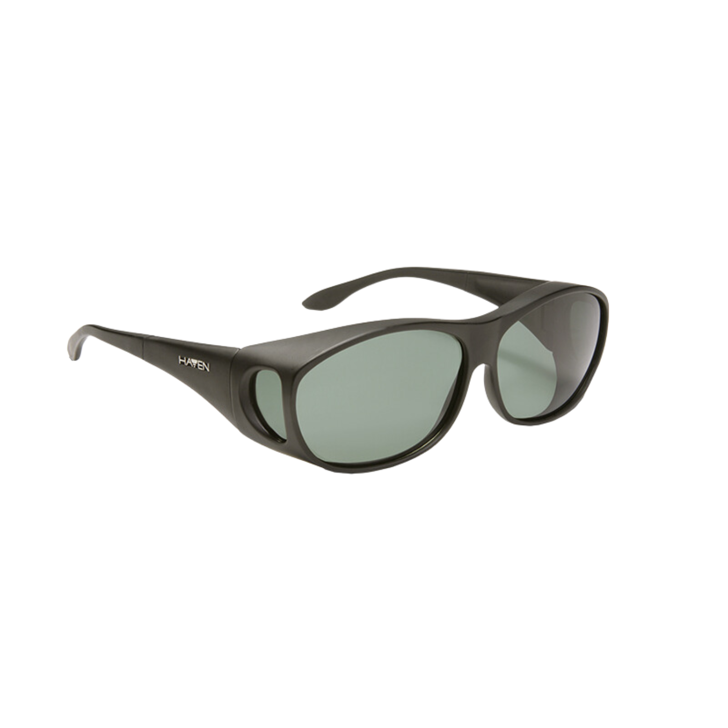 Medium frame Haven Meridian sunglasses with black fit-over frames and gray lenses.