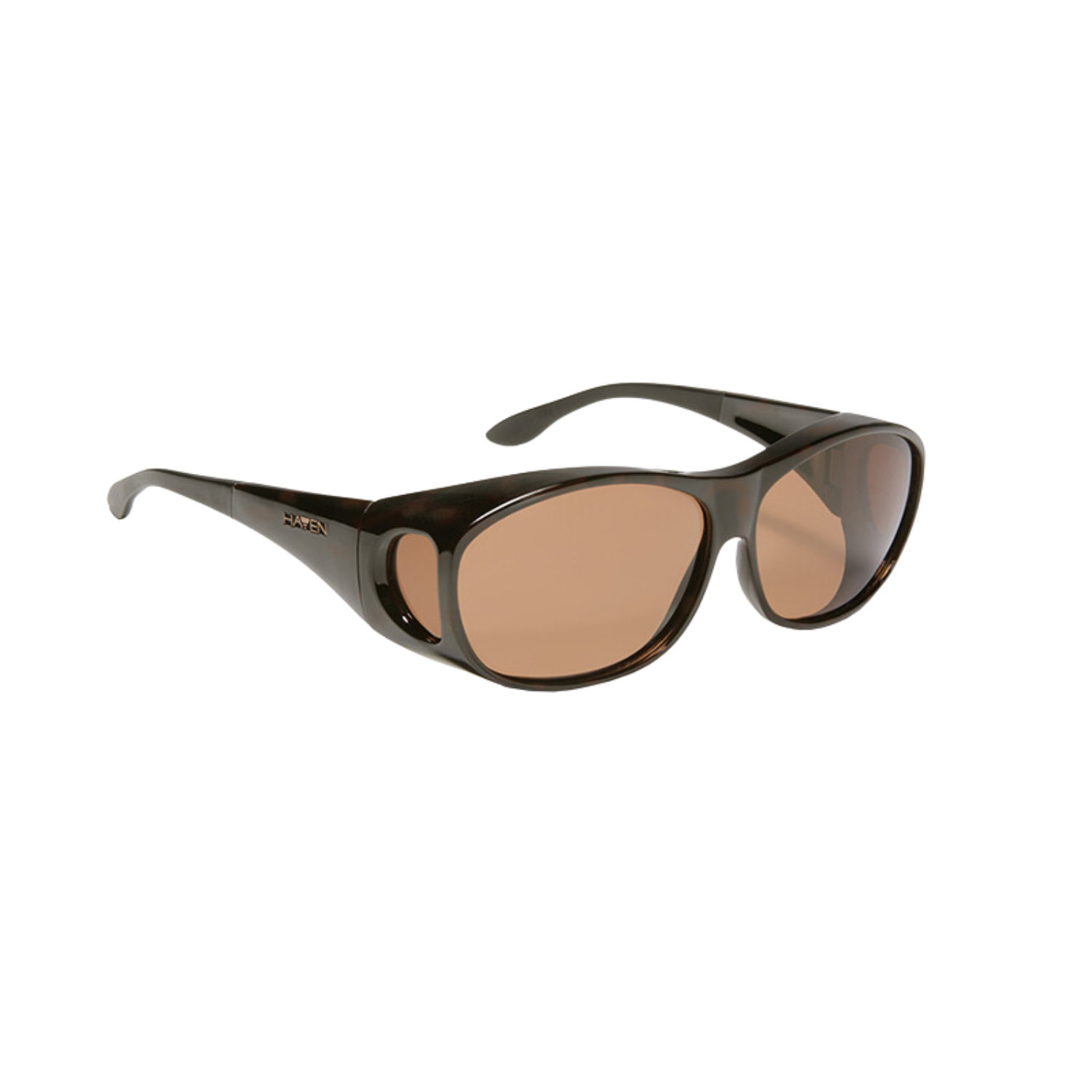 Meridian polarized fit-over sunglasses with amber tint and brown frames.