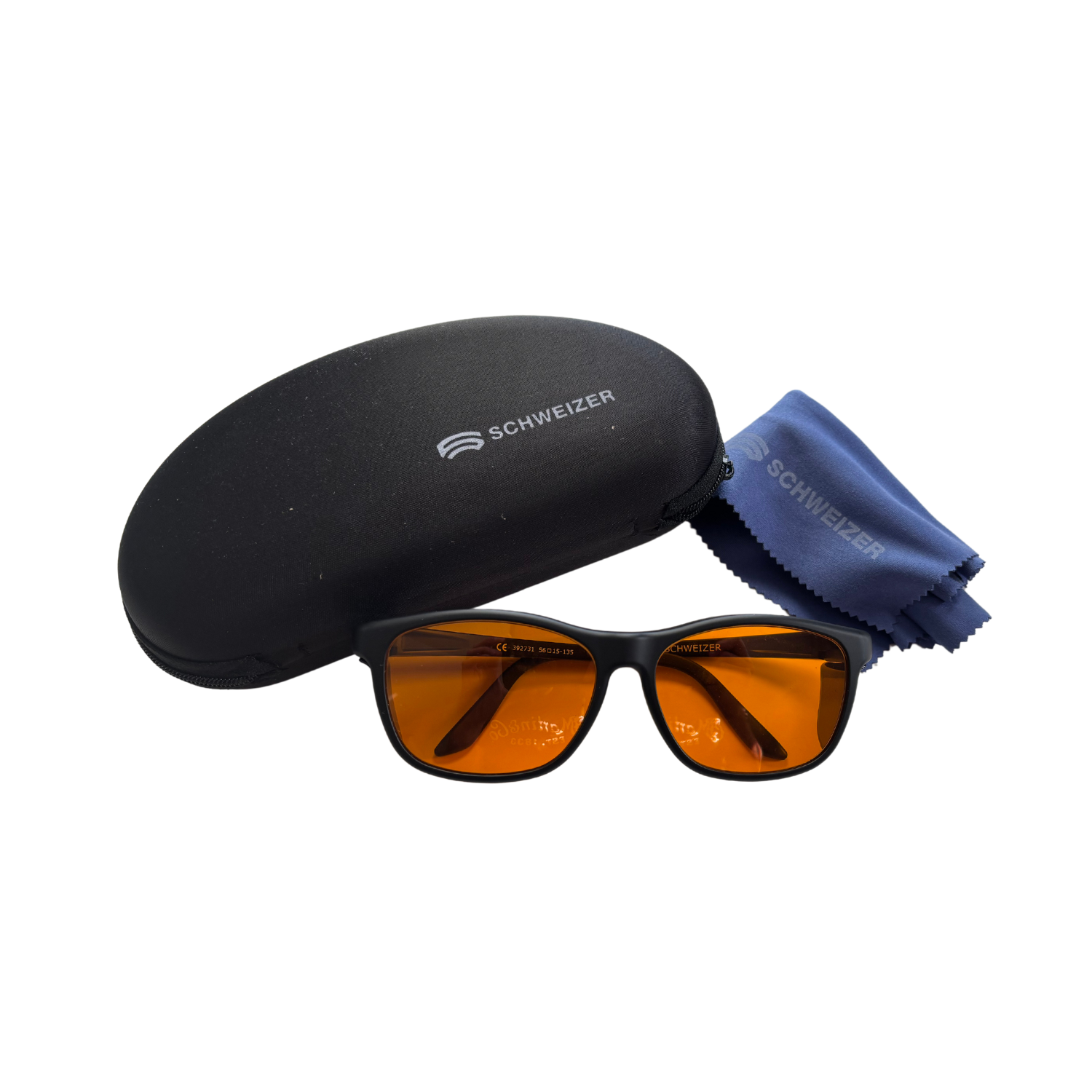 CF2 blue blocking glasses with included hard case and cleaning cloth.