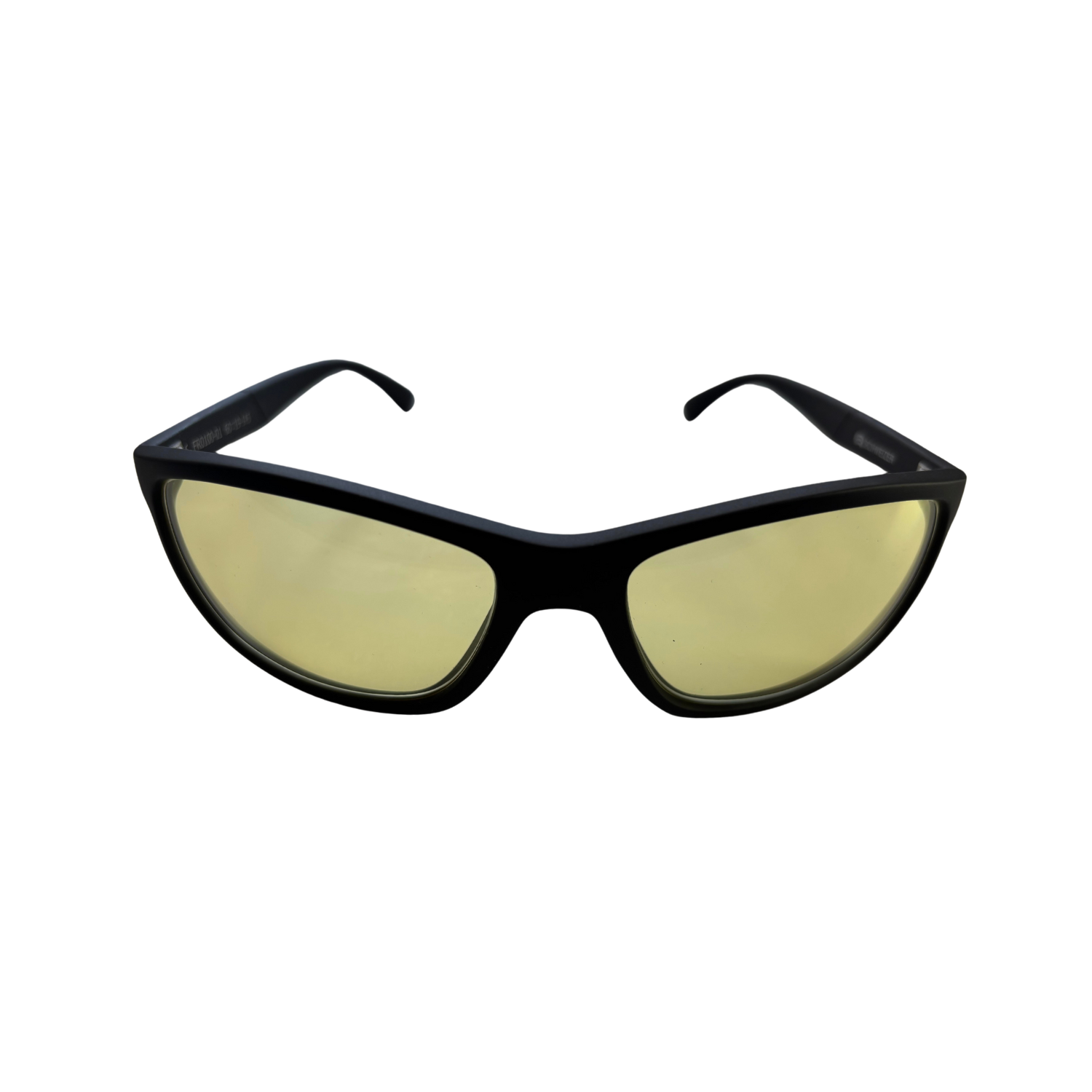 Front of FR1 glasses with light yellow lenses and black frames.