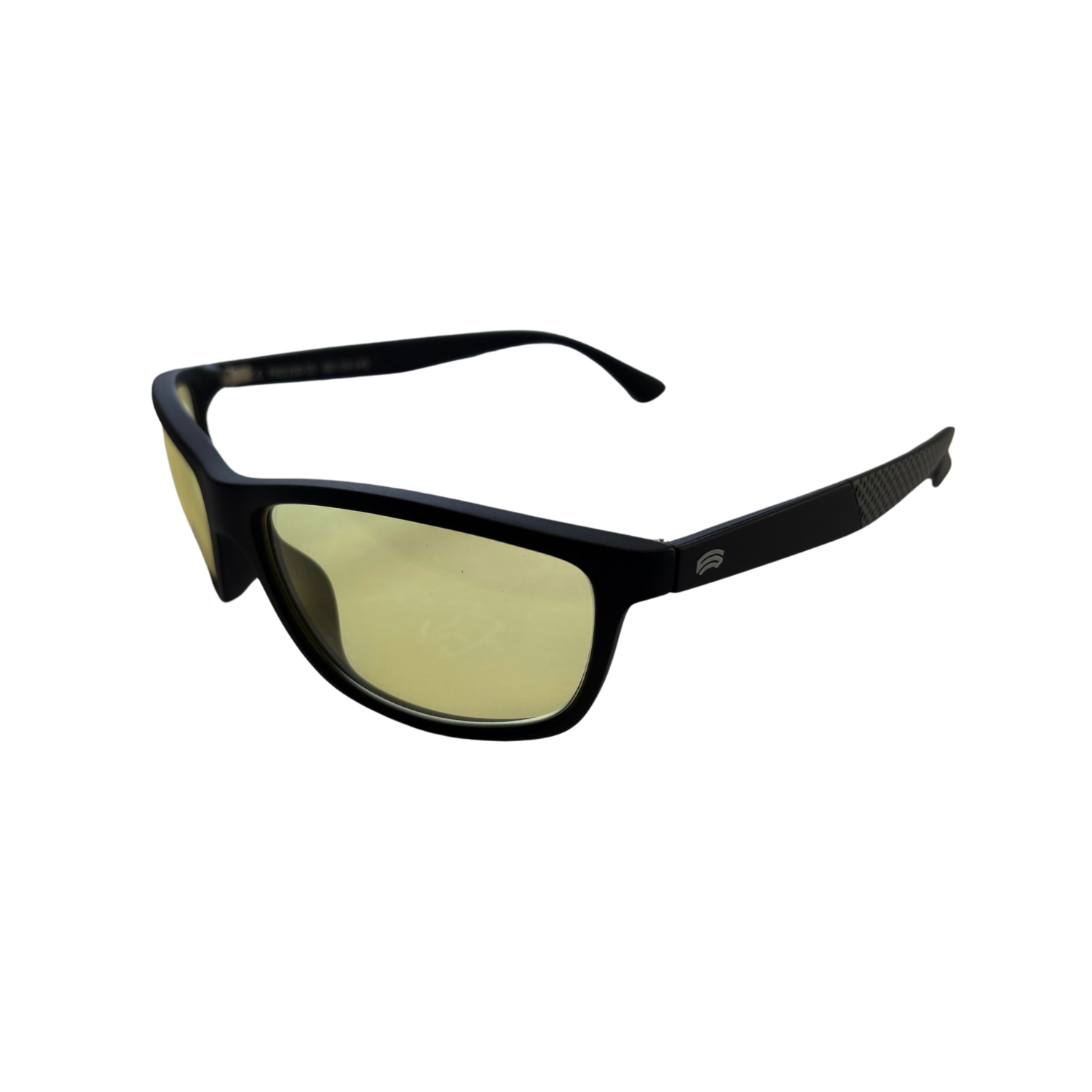 Left side of FR1 glasses with light yellow lenses and black frames.