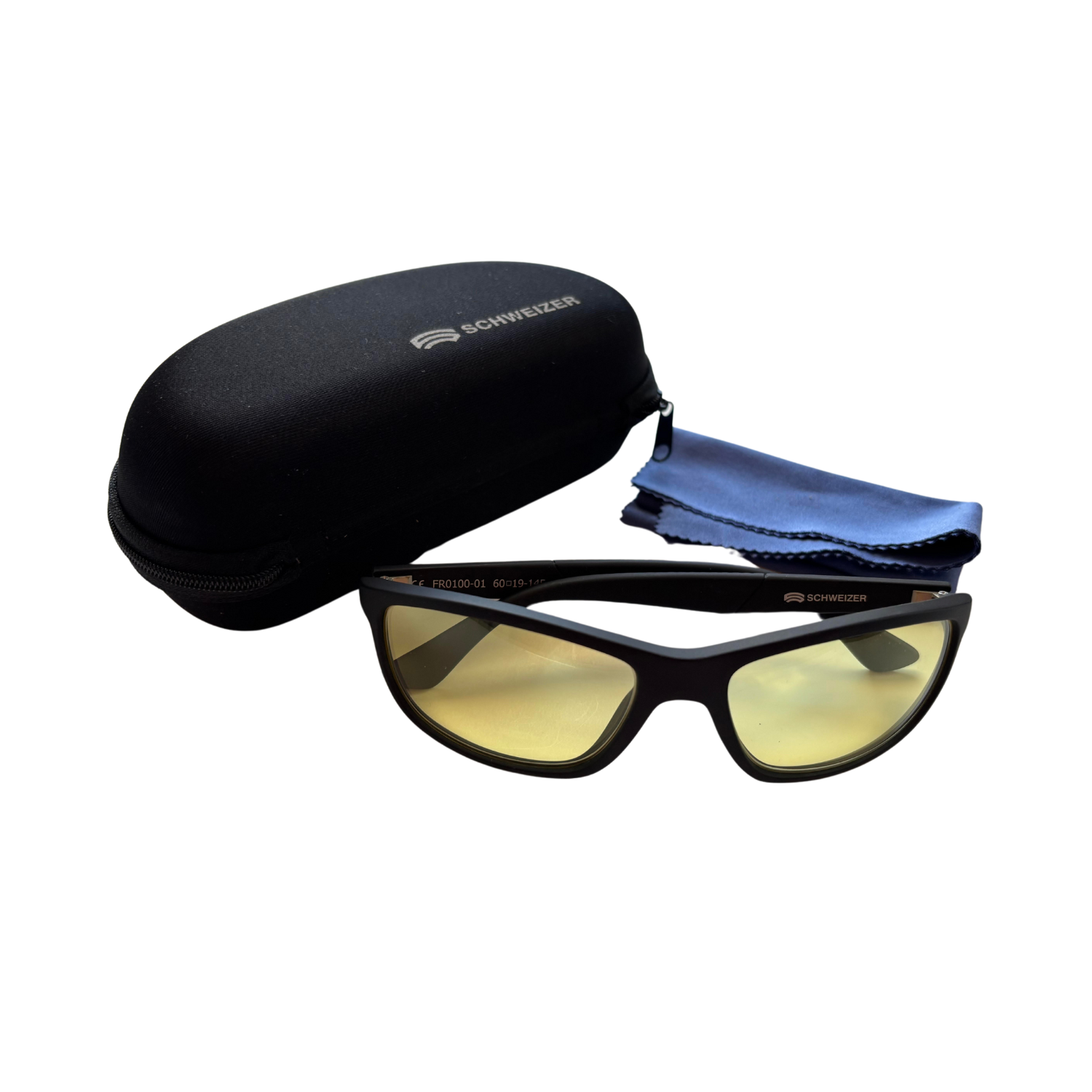 Schweizer FR1 black frames with light yellow lenses, along with case and microfiber cloth.