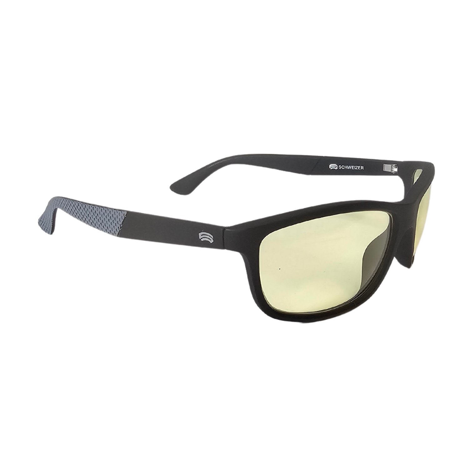 Reft side of the ! night driving glasses with brown frames and light yellow tint.