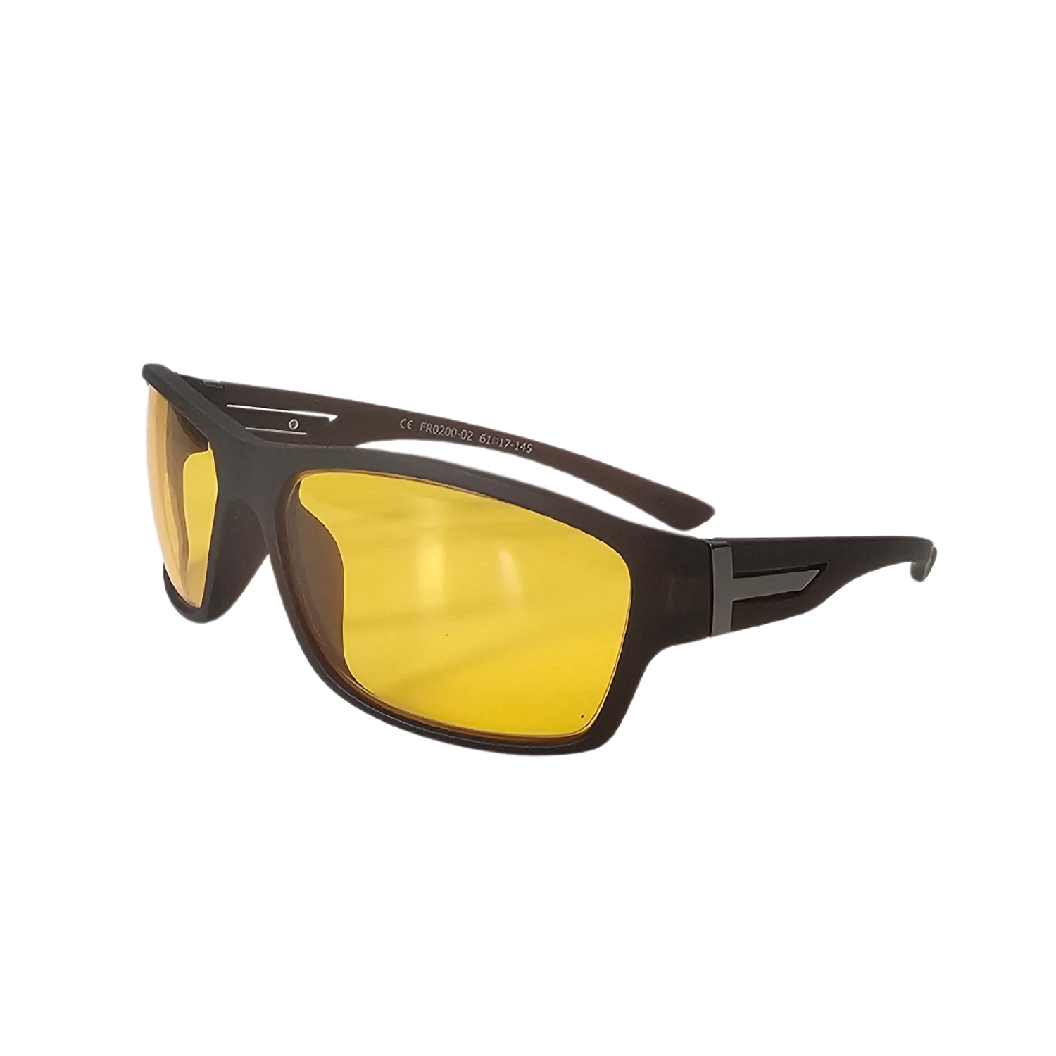 Left side of FR2 glasses with light orange tint and brown frames.