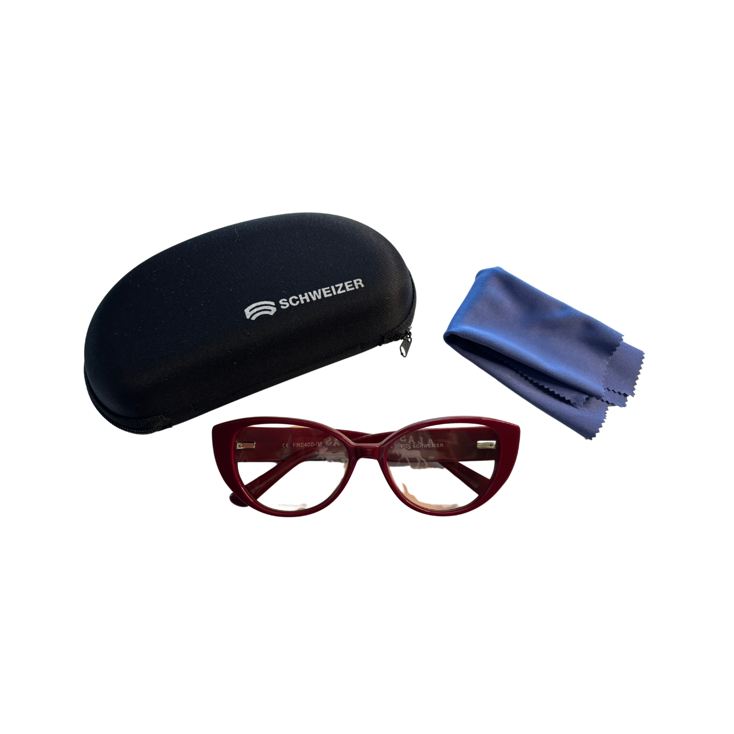 FR4 migraine glasses with red frames and included cleaning cloth and case.