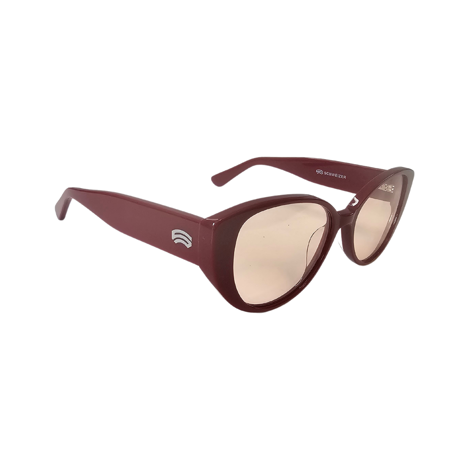 Right side of  Schweizer FR4 migraine glasses with red frames and light rose tint.