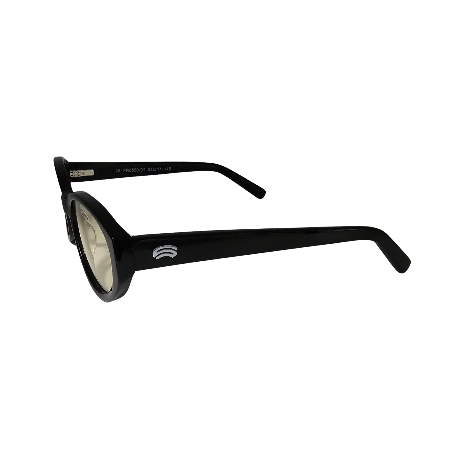 Left side of black FR5 night driving glasses.