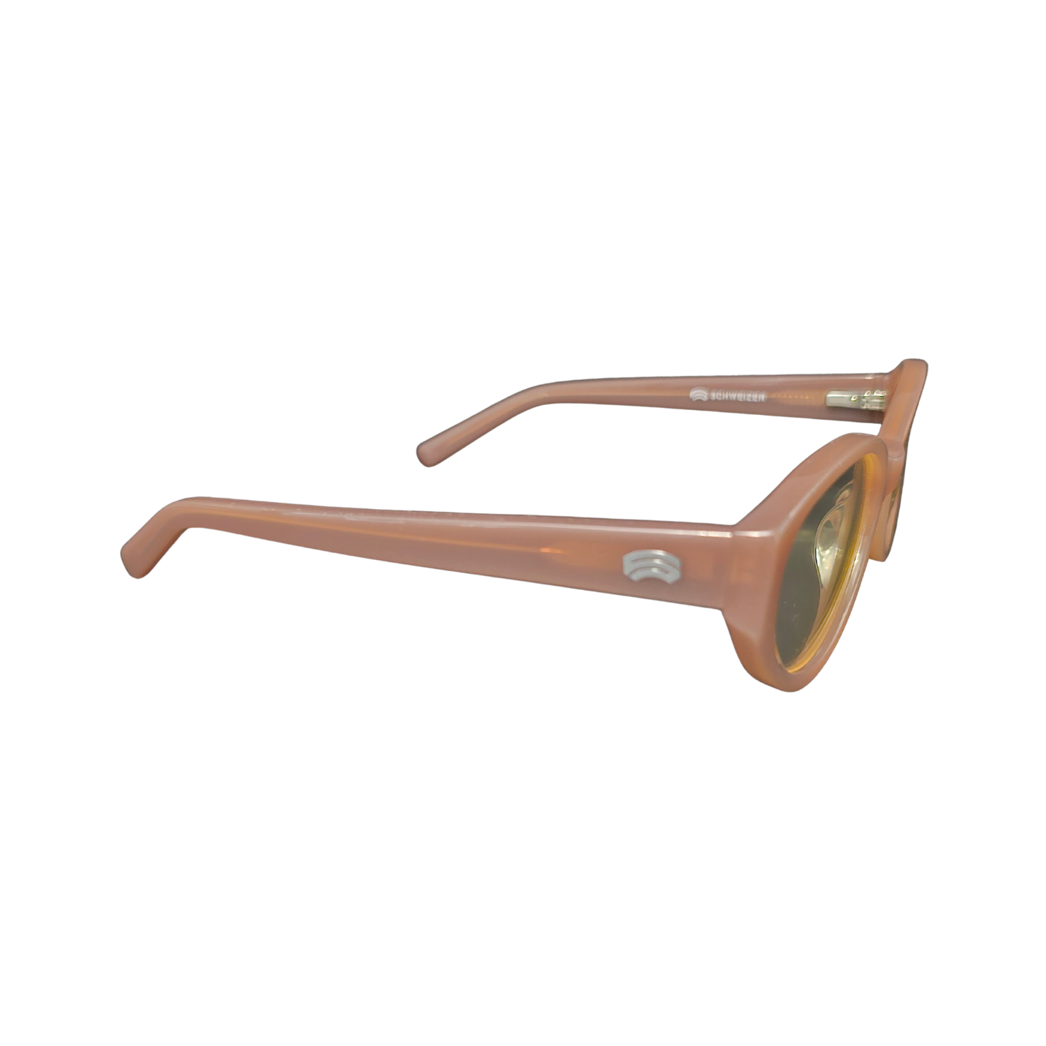 Right side of Schweizer pink FR5 night driving blue blocking glasses.