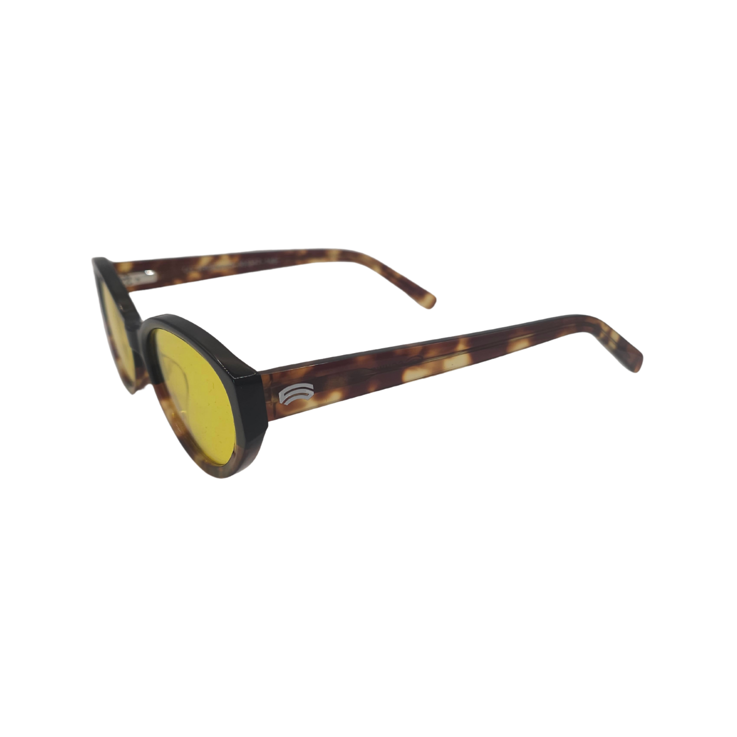 Left side of Schweizer's FR5 blue blocking glasses with Havana frames and yellow tint