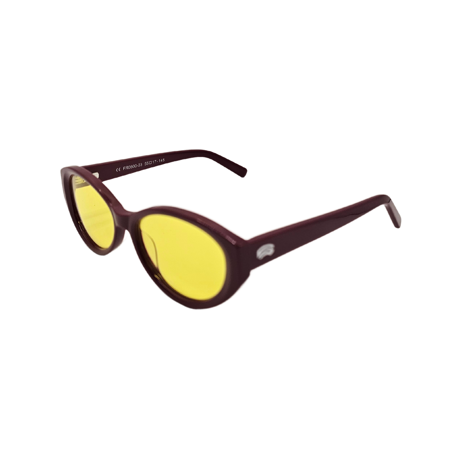 Left side of FR5 blue blocking glasses with red frames and medium yellow tint.