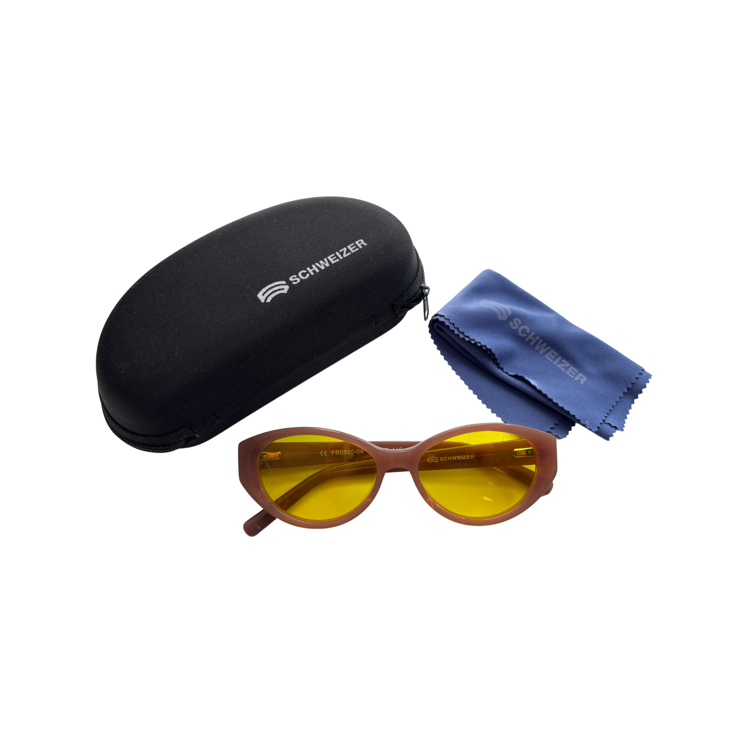 Schweizer FR5 Pink Frames with yellow blue light blocking lenses with included case and cleaning cloth.