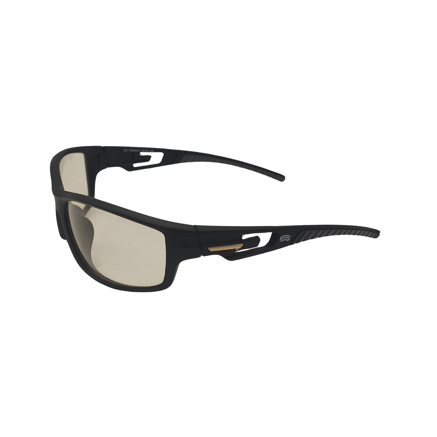 Left side of FS4 blue blocking glasses with black frames and light yellow tint.