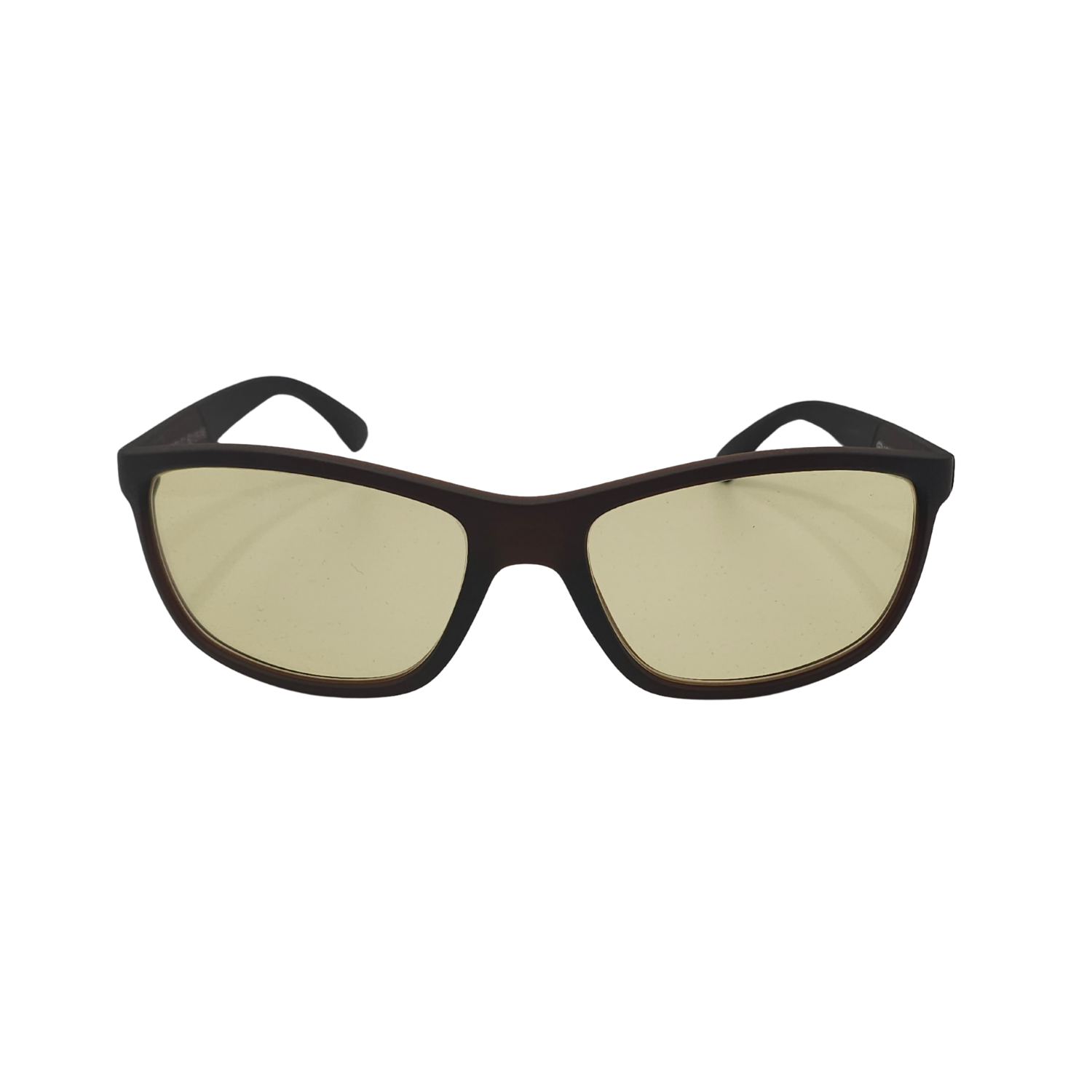 Front of FR1 night driving glasses, brown frames light yellow tint.