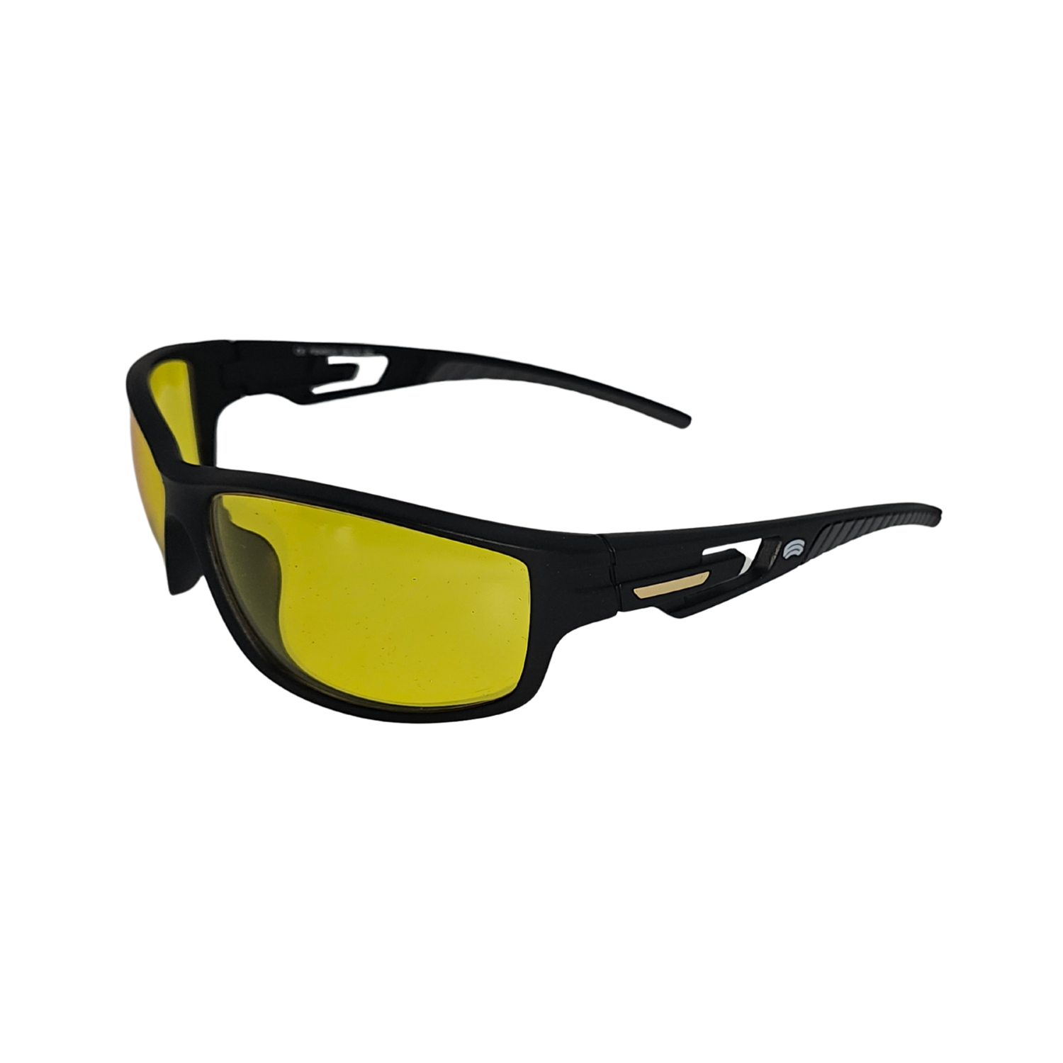 Left side of FS4 sport night driving glasses with black frames and medium yellow tint.