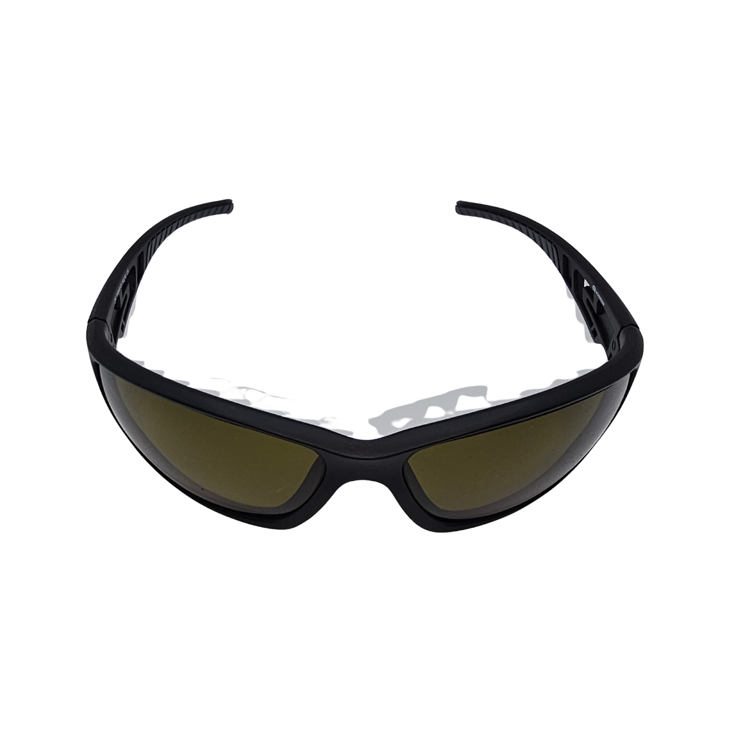 Front of FS4 sport glasses with black frames and dark brown polarized lenses.