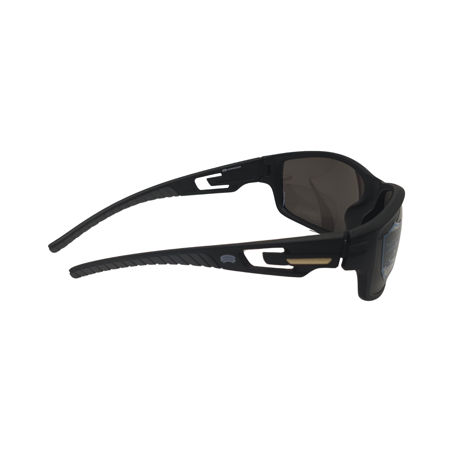 Right side of FS4 polarized migraine glasses with black frames and dark rose lenses.