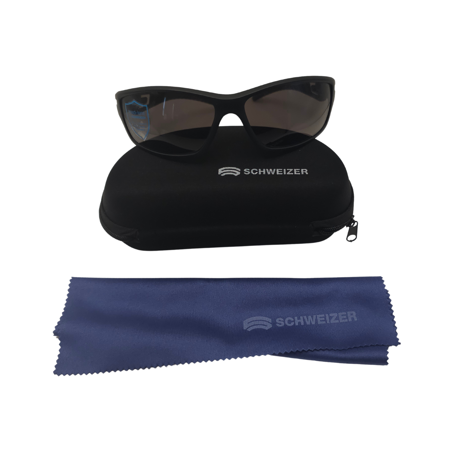 Black FS4 polarized migraine glasses with dark rose tint and included case.