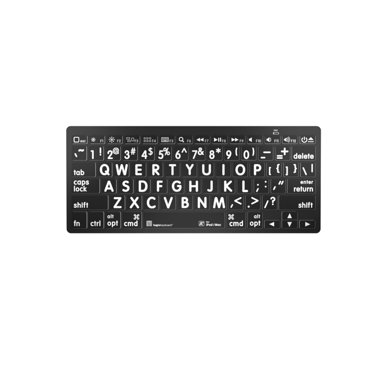 Top of LargePrint Mini Bluetooth White on Black Mac keyboard.