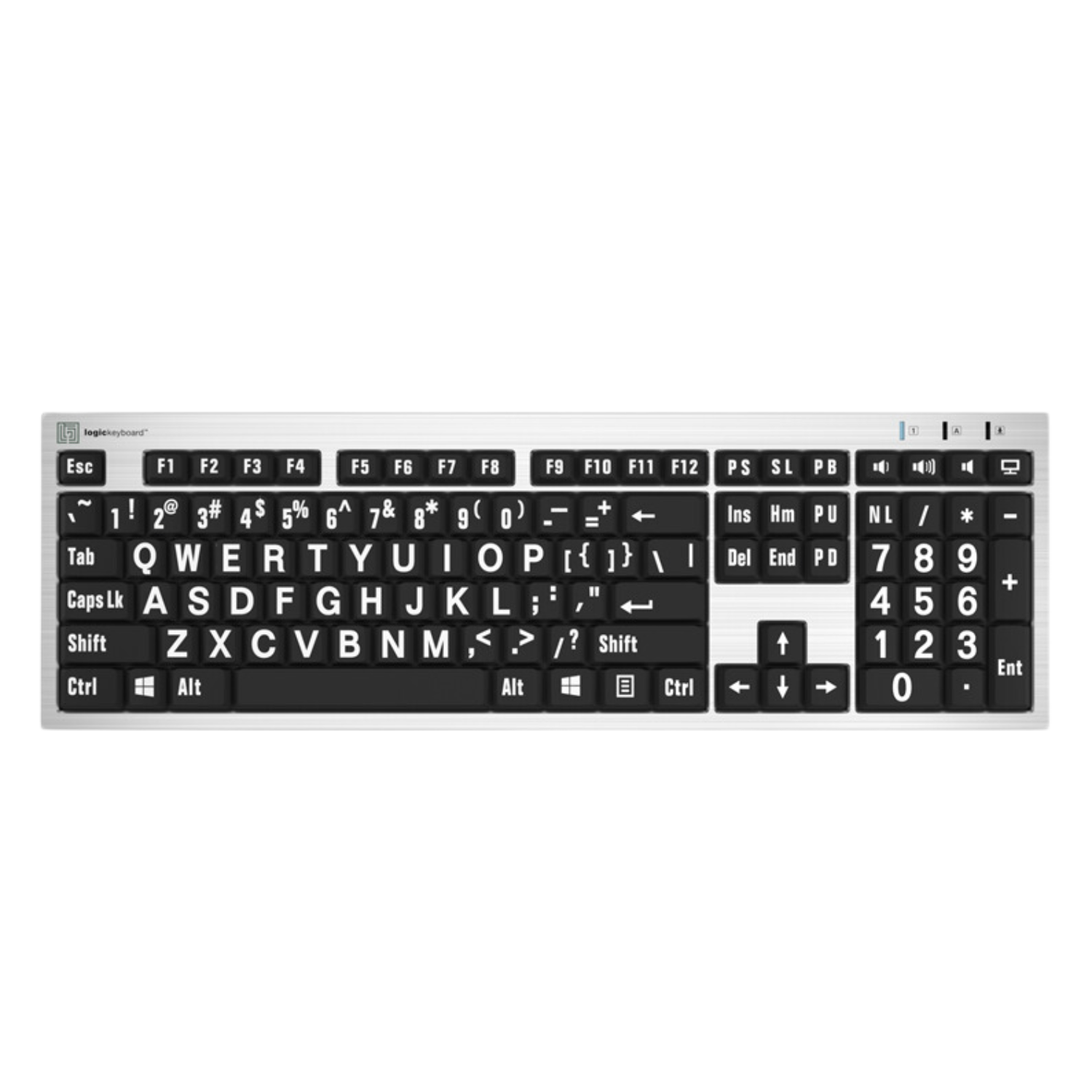 Top of LargePrint Slimline Keyboard with white on black keys.