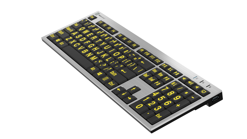 Right angle of the LogicKeyboard LargePrint Yellow on Black slimline keyboard