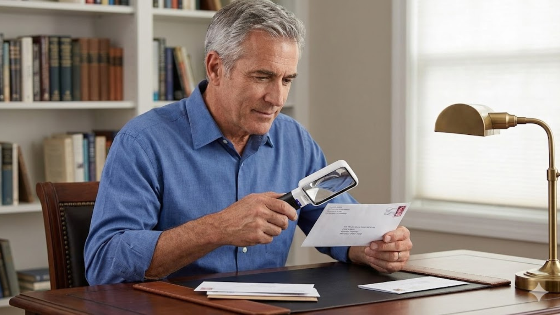Man sitting at desk reading mail with a magnifying glass.