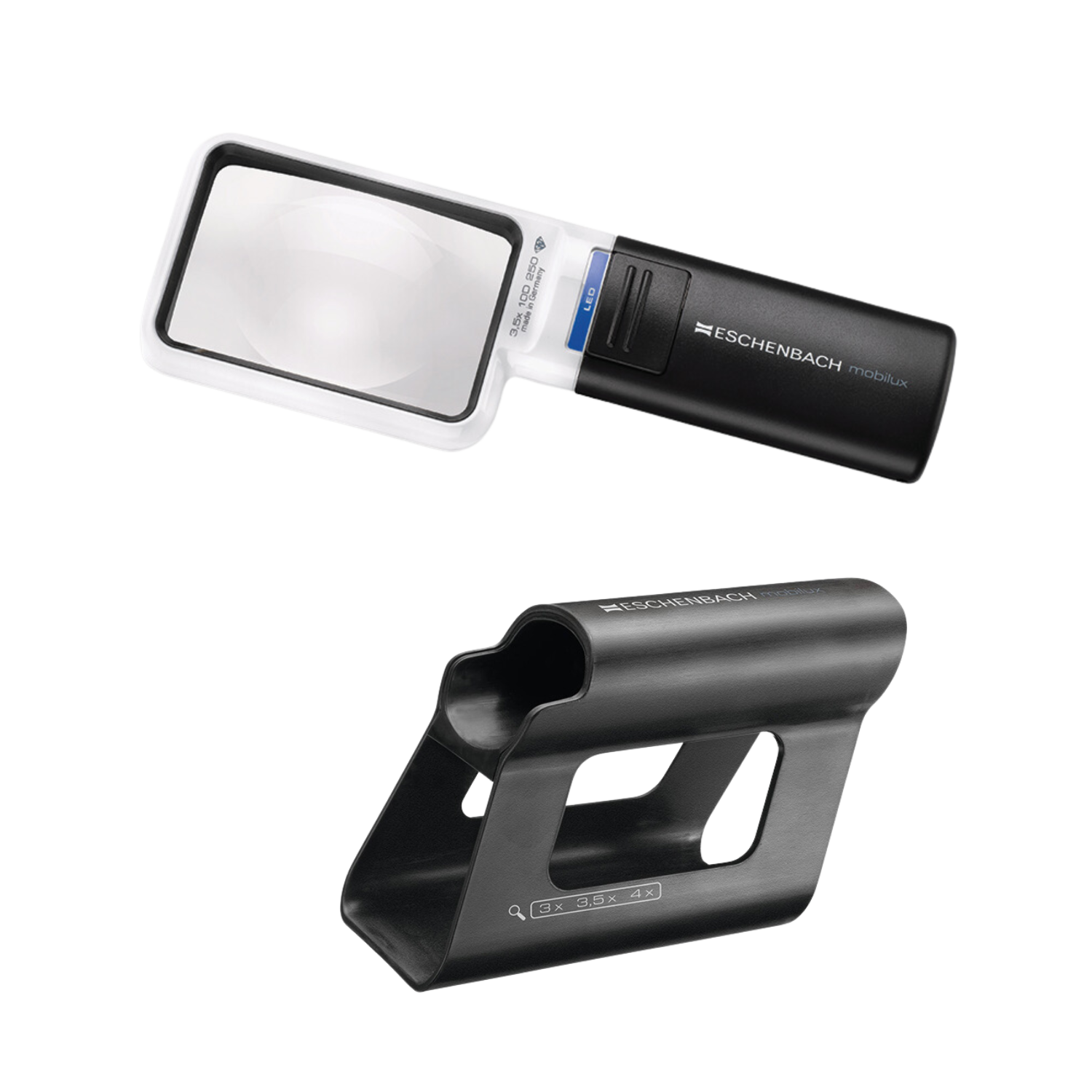 3.5x rectangular Mobilux handheld magnifier with Mobase stand from Eschenbach.