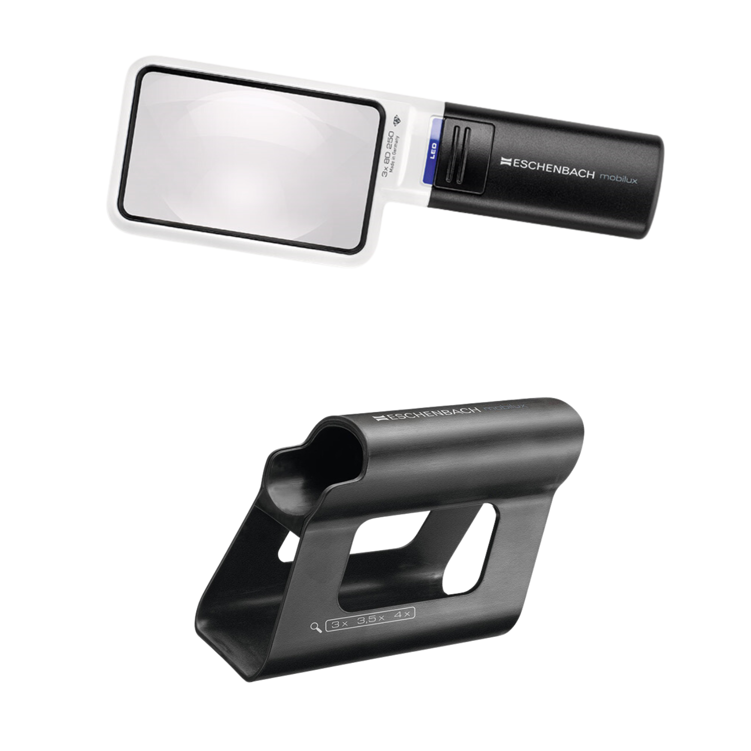 Rectangular 3x Mobilux handheld magnifier with Mobase stand from Eschenbach.