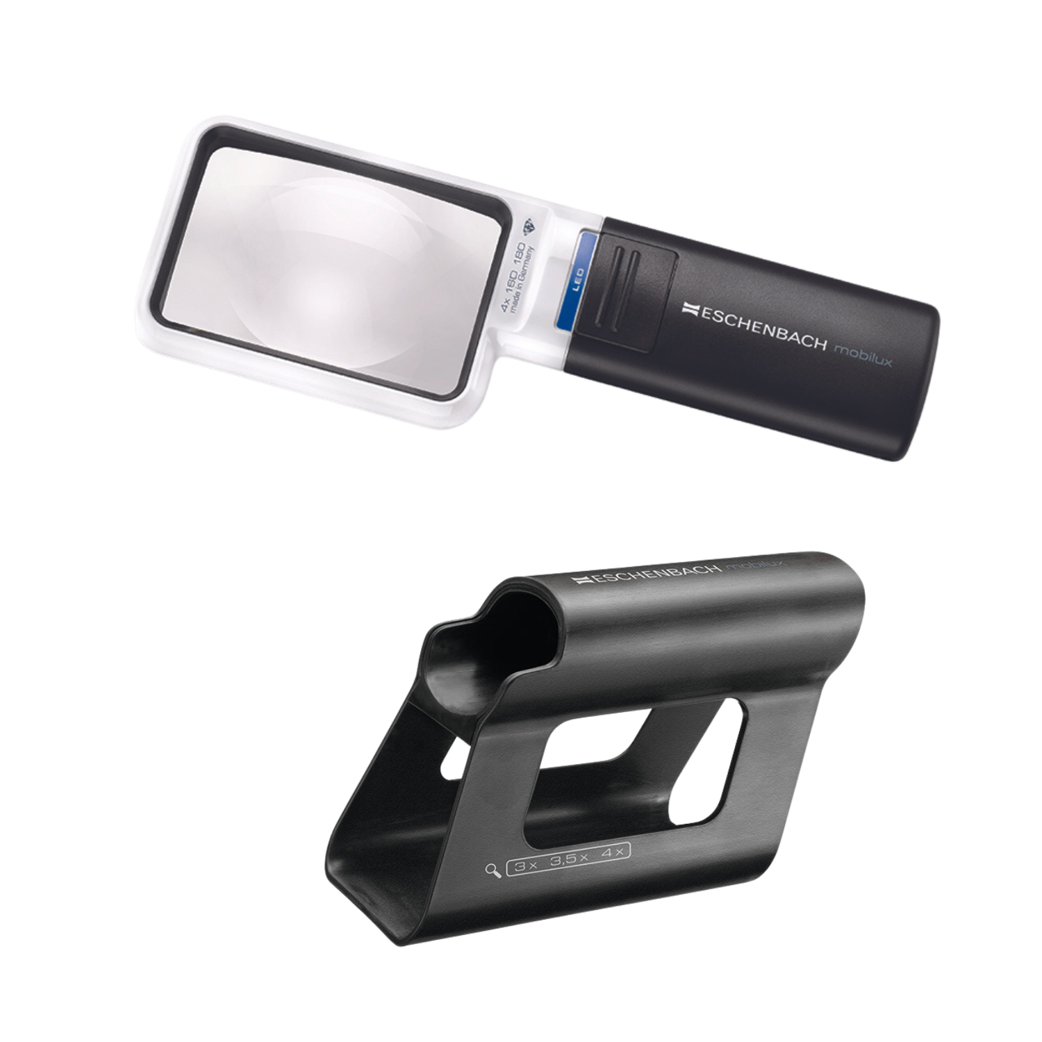 Rectangular 4x Mobilux handheld magnifier with Mobase stand from Eschenbach.