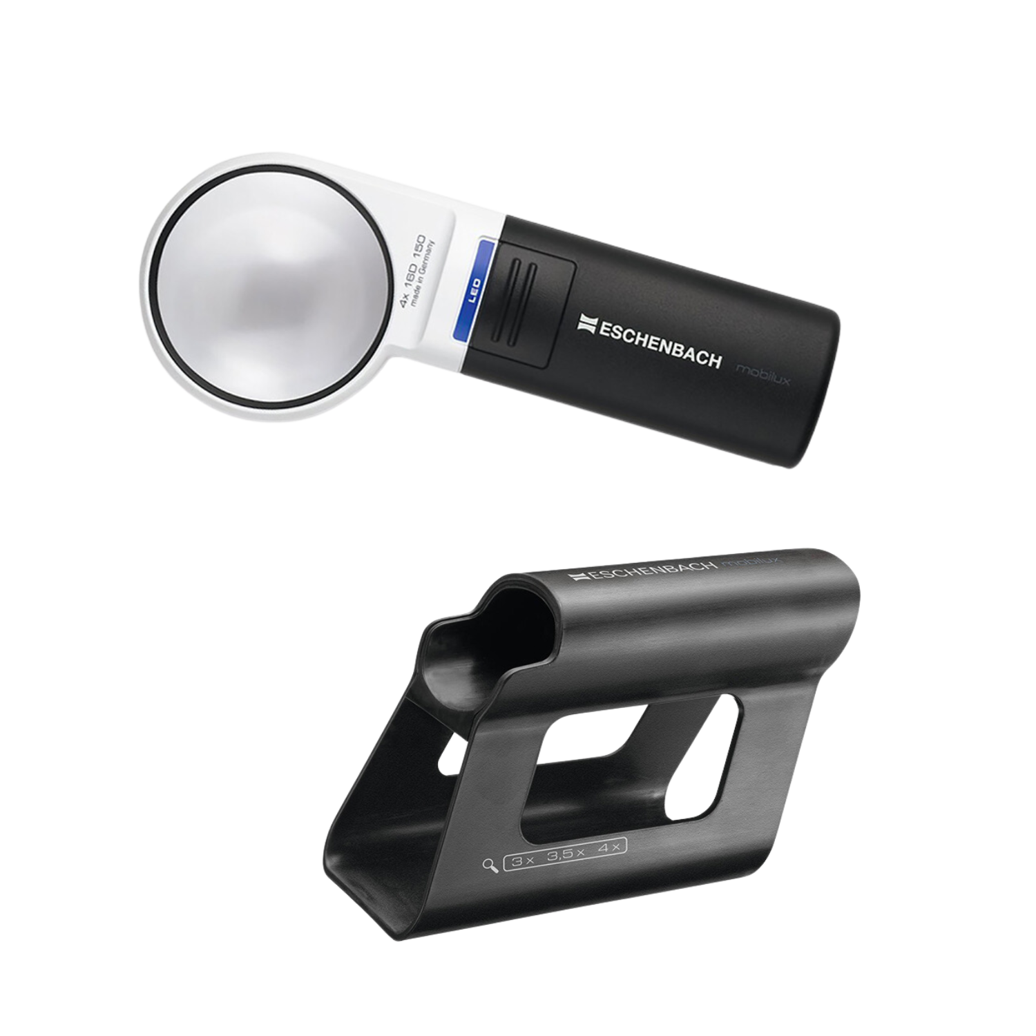 4x Round Mobilux handheld magnifier with Mobase stand from Eschenbach.