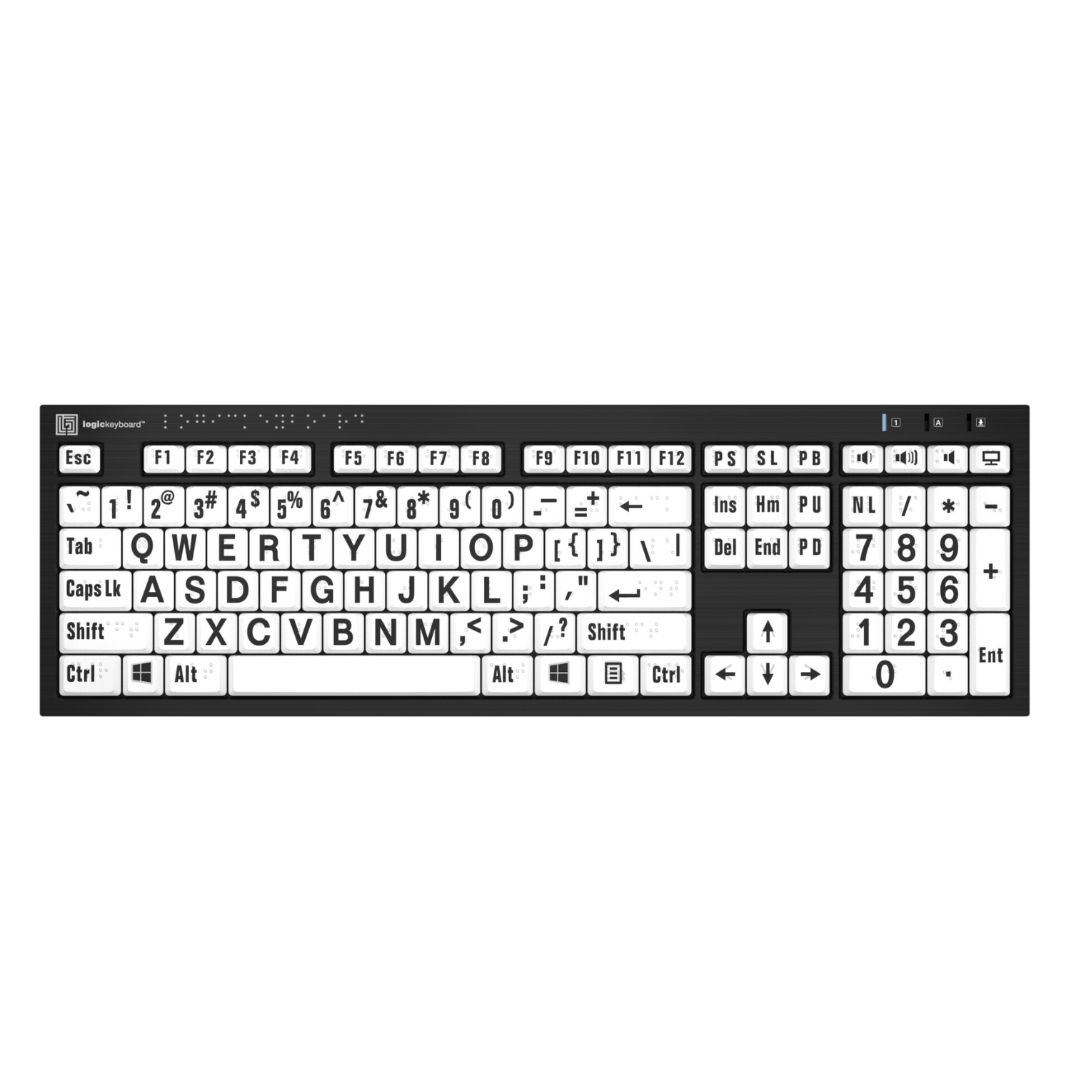 Image of the Nero Slimline Braille and Large Print Black on White PC Keyboard from LogicKeyboard