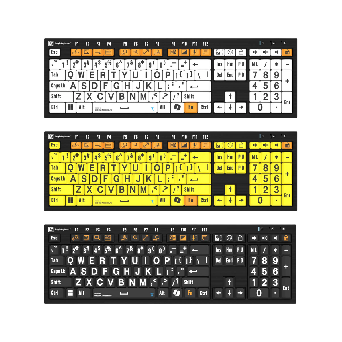 Product image showing three keyboards displaying high contrast windows accessibility large print color options.