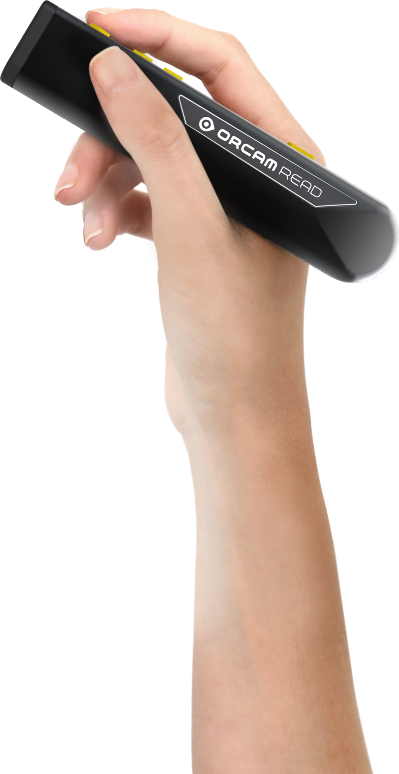 Image of a hand holding the OrCam Read 3 smart reader and magnifier.